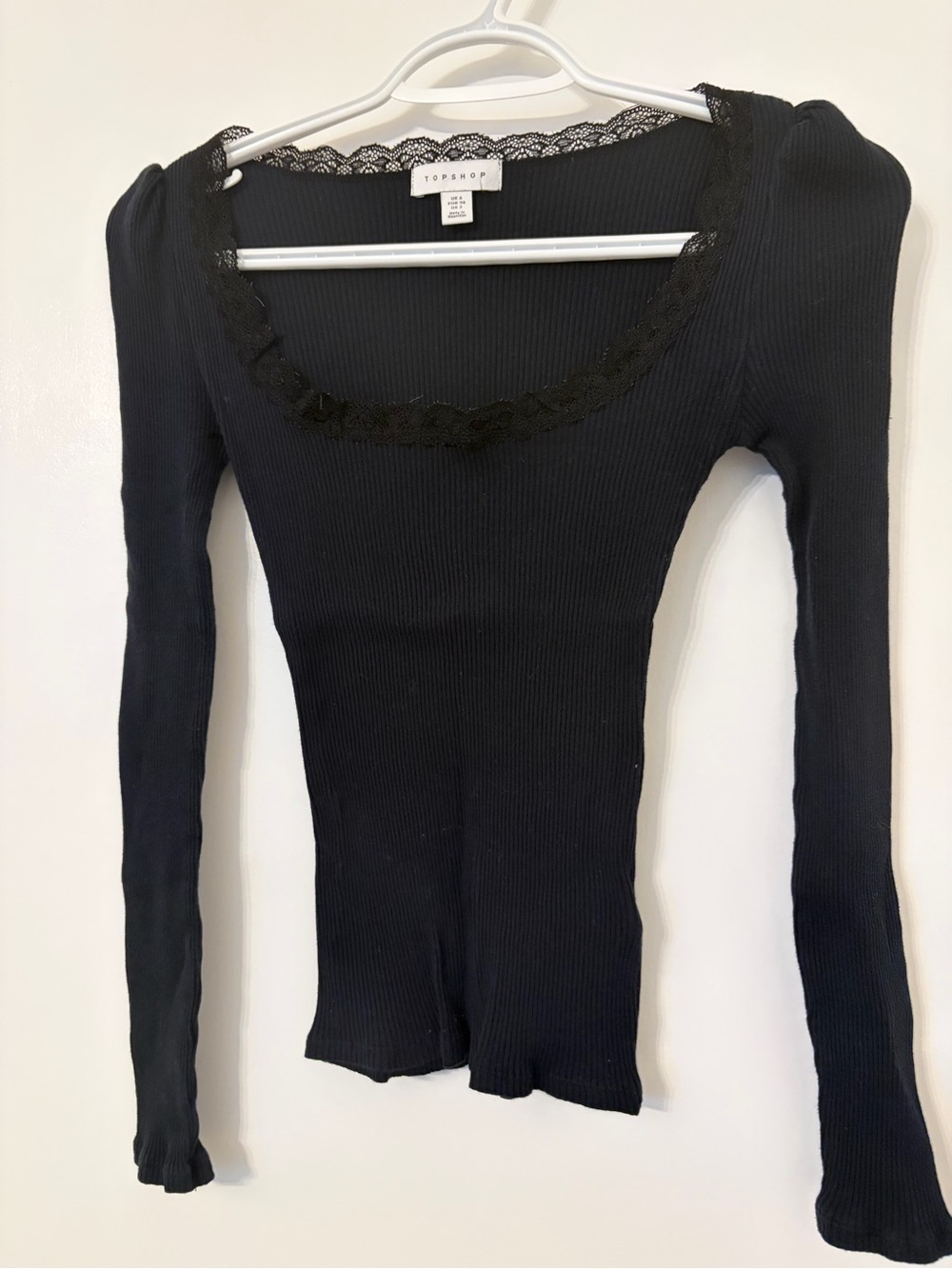 Topshop Black Ribbed Lace-Trim Long Sleeve Top